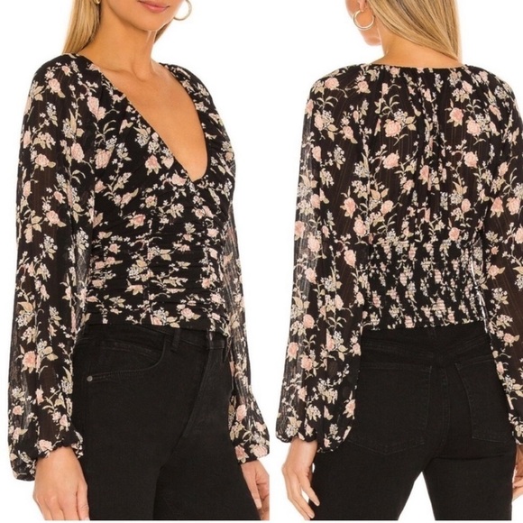 Free People New Final Rose Blouse in Black Combo Smocked Back Size Medium - Picture 1 of 5